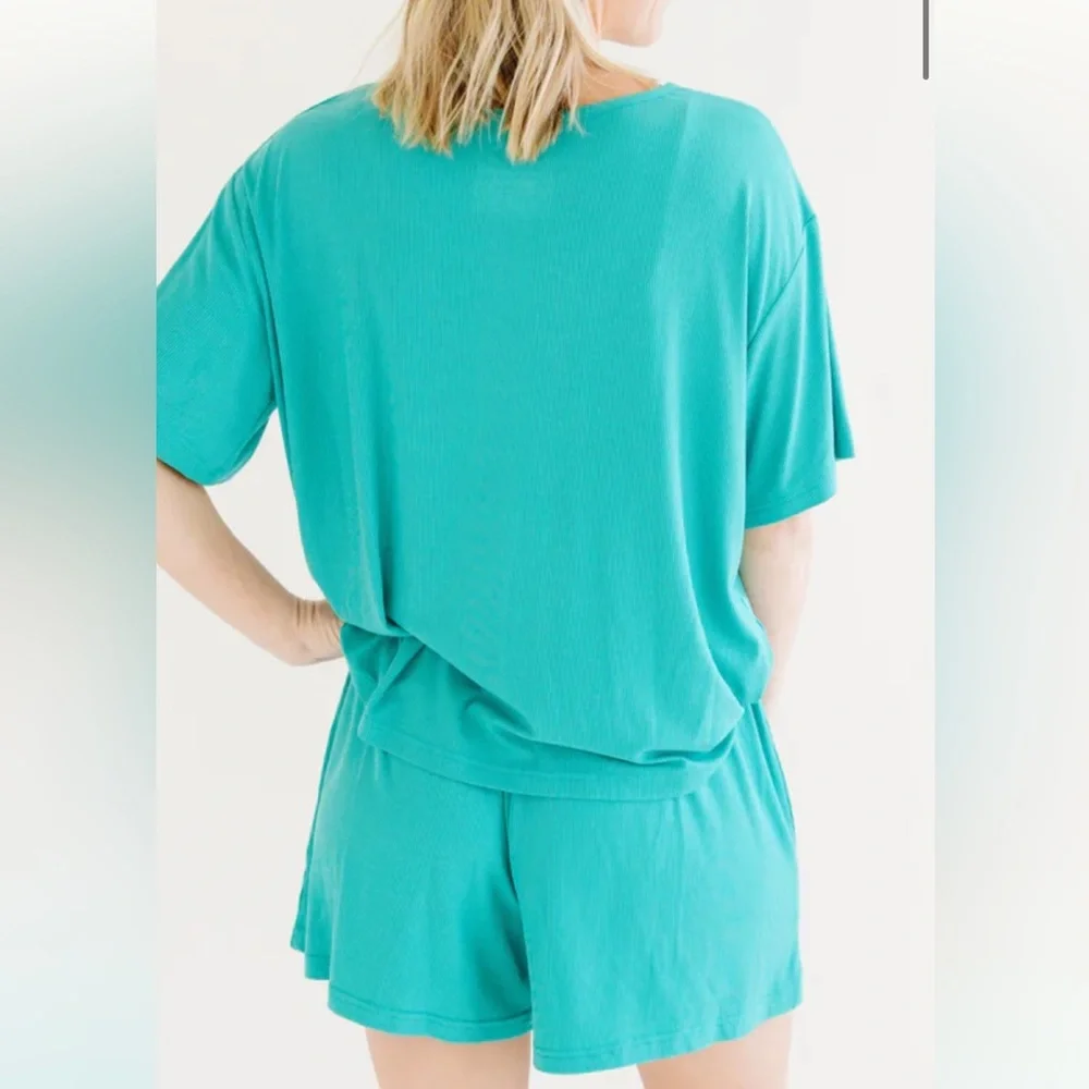 Teal Ribbed Women's Shorts Set - Picture 4 of 6